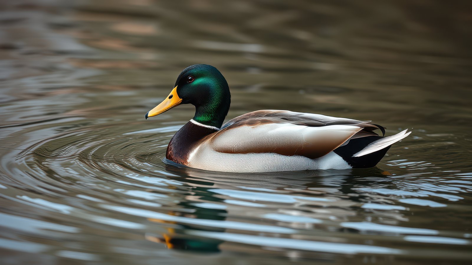 Male mallard duck swims gracefully in a calm pond during early morning light